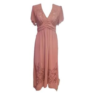 Darling Romantic Pink Maxi Dress, Delicate Lace Detail,V-Neck, Flutter Sleeve XS